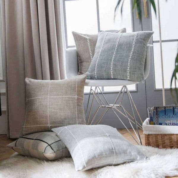 Pillow Case Simple Plaid Cushion Brown Grey Embroidery Stripe 45x45cm 60x60cm Cotton Linen Pillowcase Cover Home Decoration Living Room 26Y0319