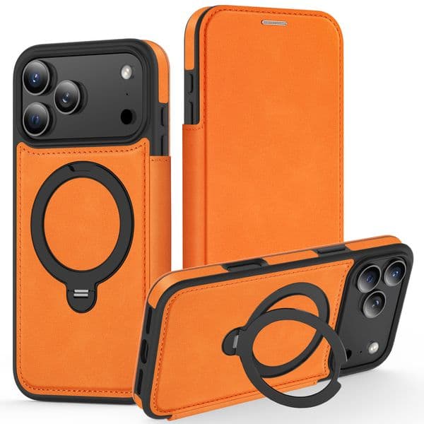 Magnetic Wallet Flip Case with 360 Rotation Stand for iPhone 17 Pro Max 16Plus 15 Pro PU Leather Card Slots Wireless Charging Phone Case