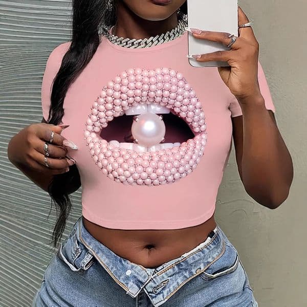 In Stock Pearl Lip Pattern Design Printed Round Neck T-Shirt Y2K Short Sleeve Crop Top Spring Summer