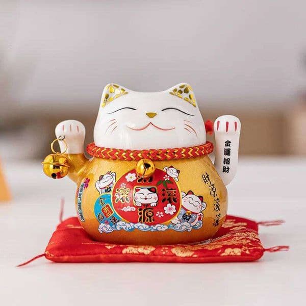 4.5 Inch Ceramic Fortune Cat with Waving Arm, Porcelain Maneki-neko Lucky Beckoning Cats Home Office Decor, Gift for Prosperity 26W0319