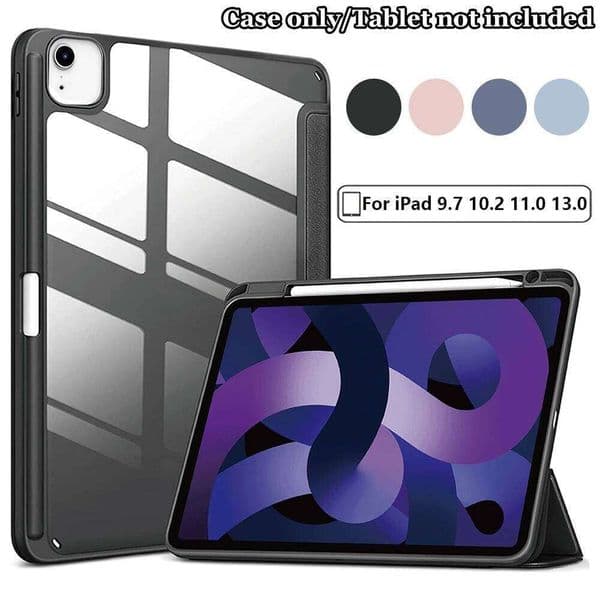 For Apple iPad 8 9 10 4 5 6 7 Pro 11 12.9 Air 13 Case with Pencil Holder Tri-Folding Acrylic Clear Back Smart Cover S260318