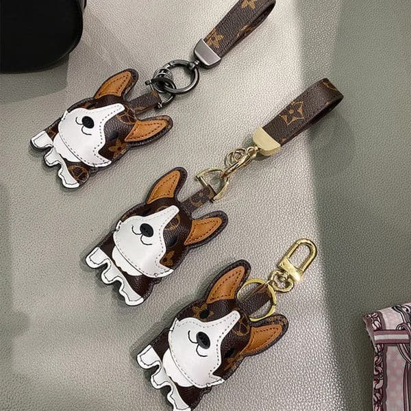 Cartoon Little Corgi Leather Dog Car Keychain Ring Cute Decoration Figurine For Women And Men's Bags