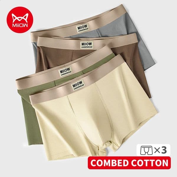 MiiOW 3Pcs Organic Cotton Men Underwear Boxer Shorts Antibacterial Seamless Underpants Male Panties Gift For Men Boxershorts 260318