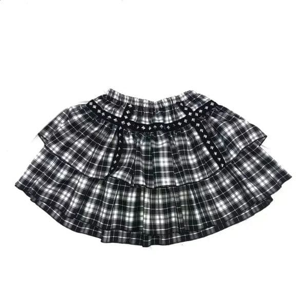 Gothic Women Skirt White Black Plaid Short Skirts Rivet Punk Style Double Layer High Waist Ball Gown MINI Skirt Female 260319