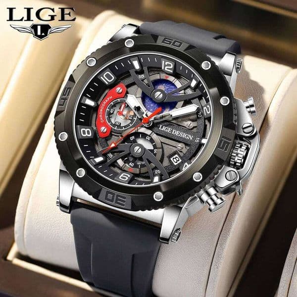 LIGE Luxury Man Watch Military Sport Calendar Luminous Quartz Waterproof Moon Phase Men Watches Chronograph Male Clock