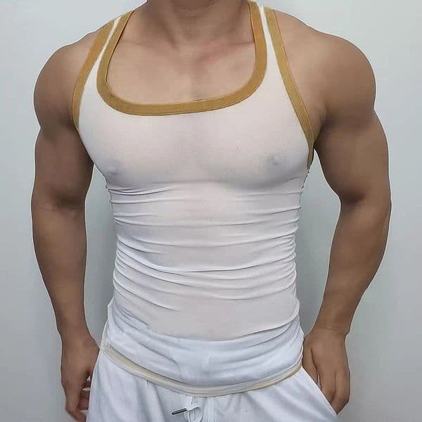 Men Mesh Tank Tops Summer 2025 Clubwear Casual Vest U Neck Sleeveless Contrast Color Fishnet Tshirt Comfortable Chic Tees y260318BANJIA