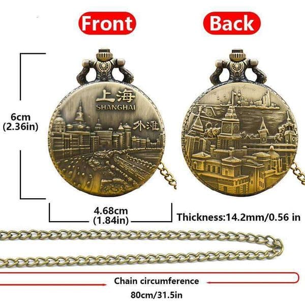Vintage Bronze Clamshell China Shanghai Bund Scenic Necklace Quartz Pocket Watch Souvenir Gift For Male And Female Students