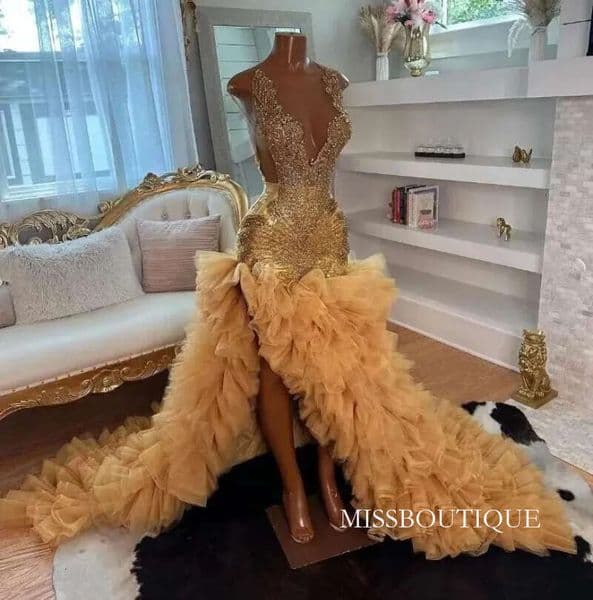 Rhie Gold Long Prom Dresses Mermaid 2025 Black Girls Beaded Rufflues African Evening Party Gala Graduation Gown Customized D0318