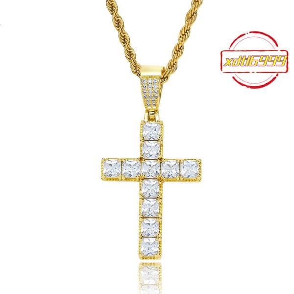 Vintage Hip Hop 14K Gold Plated Jewelry Solid Back Iced Out Square Moissanite Cross Pendant Necklace for Women and Men