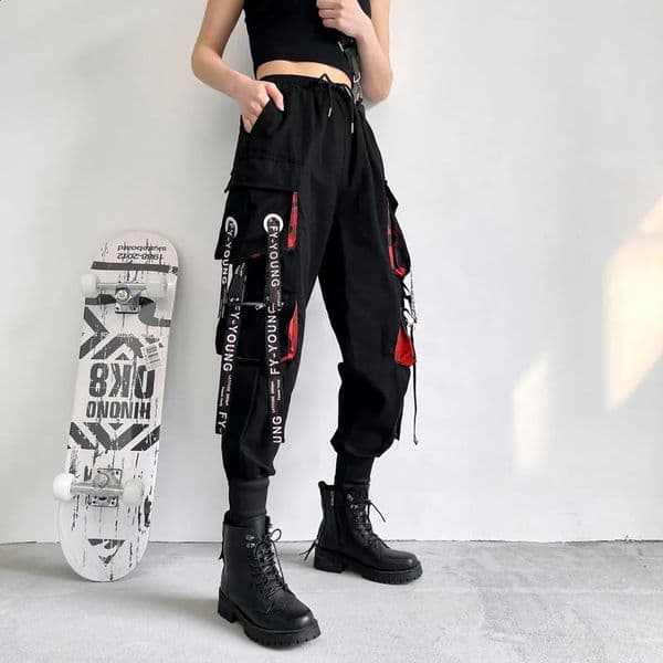 Women Cargo Pants Harem Pants Fashion Punk Pockets Jogger Trousers With Chain Harajuku Elastics High Waist Streetwear 260317