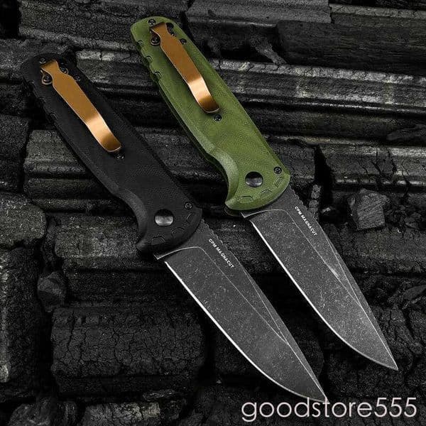 fixed blade knife pocket knife 4300BK-02 CLA Folding Pocket 3.4 CPM-MagnaCut Stainless Steel Black DLC Battlewash Plain Blade, G10 Handles with pocket clip Out