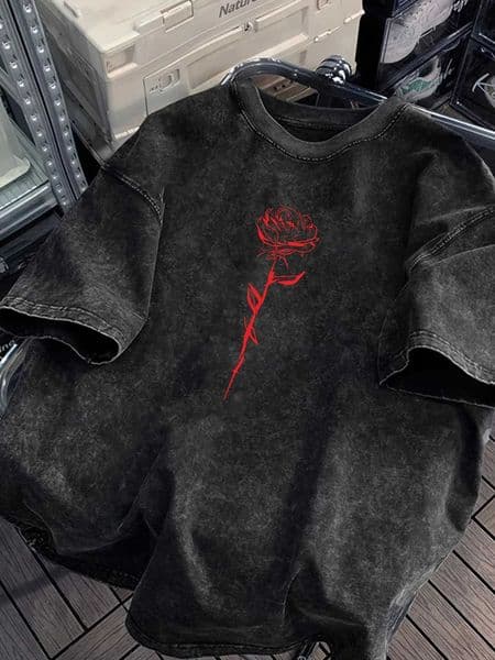 Washed Red Rose Print 100 Cotton Men Woment T-shirt Summer Autumn Daily Outdoor Sports Party Casual Loose Street Short Sleeve J260318