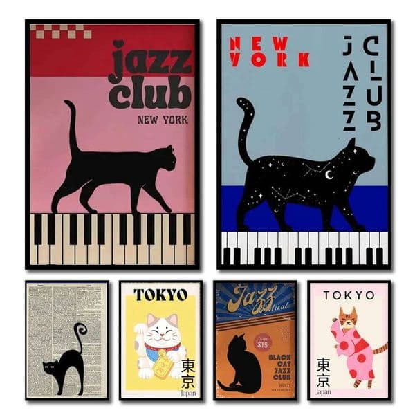 1pc Black with Piano Poster Fortune Cat Simple Canvas Painting Wall Art for Bedroom Living Room Home Office 26Y0319