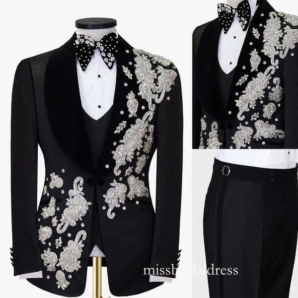 Luxury Man Suits 2 Pieces Set Rhinestone Beading Appliques Shawl Lapel Party Prom Blazer Customized One Button Jacket Pants Plus Size D0319