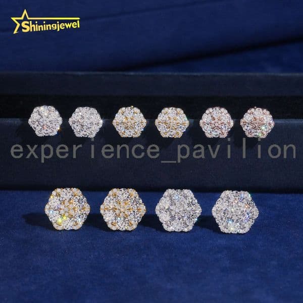 Fast Shipping Iced Out Flower Design Ear Studs 10mm 13mm VVS D Moissanite Diamond 925 Silver Hip Hop Jewelry Stud Earrings