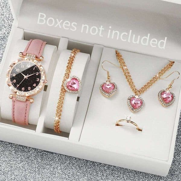 6PCS/Set Fashion Starry Sky Women Watches Leather Band Analog Quartz Watch Diamond Heart Jewelry Set