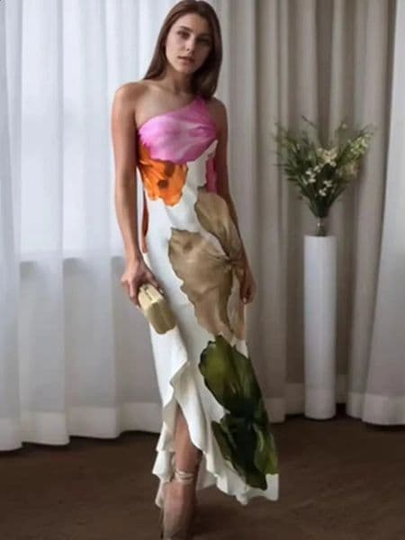 Zevity Women Sexy Single Shoulder Floral Print Slim Long Dress Female Chic Backless Side Zipper Party Vestidos DS9198 260318