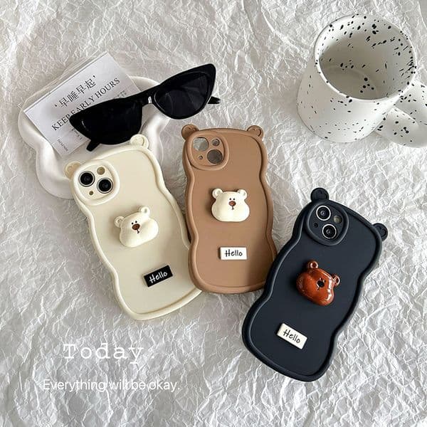 Stereo Cartoon Bear Phone Case For Iphone 17 16 15 14 13 Pro 12 11 Max Wave Bezel 16Pro Phone Case 17Promax Silicone Soft 15Promax 16Promax Cover 14Promax 13Promax Shell
