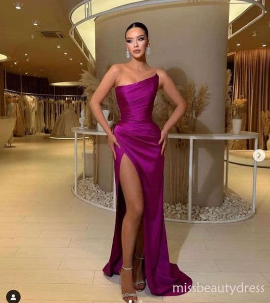 Stunning Grape Purple Split Evening Dresses Mermaid Strapless Satin Long women Party Occasion Gowns Prom Dress BC16295 ZD10