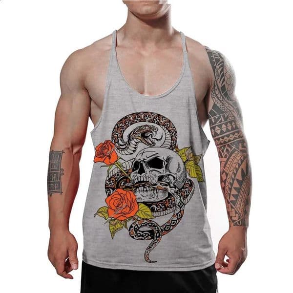 Mens Skull Snake Rose Graphic Stringer Tank Top Tattoo Style Print Bodybuilding Gym Vest Summer Casual Sleeveless Shirt 260319BANJIA