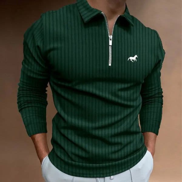 Mens Long Sleeved Zipper Polo Shirt Casual Lapel Fashionable Top 260320