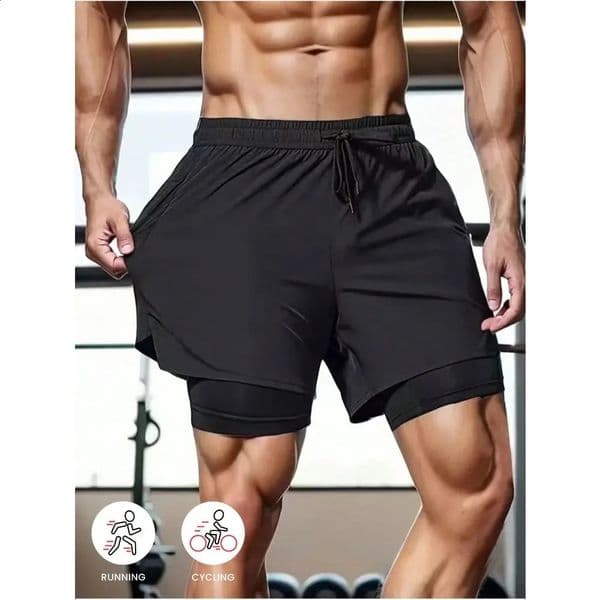 Solid color sports shorts nonslip double layer coupleunisex suitable for running gym loose casual pants 260319