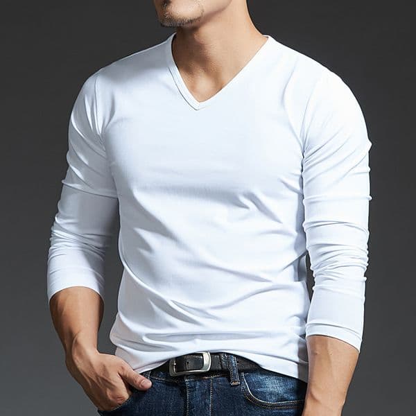 Casual Mens Long Sleeves Muscle V Neck Slim T-Shirt Solid Color Activewear Tops Tee Undershirt T Shirt Man Clothing 240812