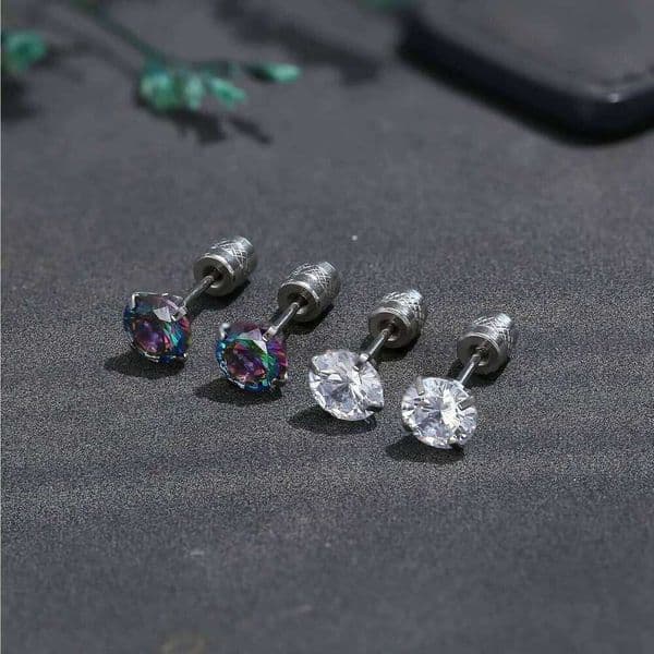 Florideco 2Pairs G23 Titanium for Men Women Hypoallergenic Surgical Steel Cubic Zirconia Screw Back Earrings Stud S260319