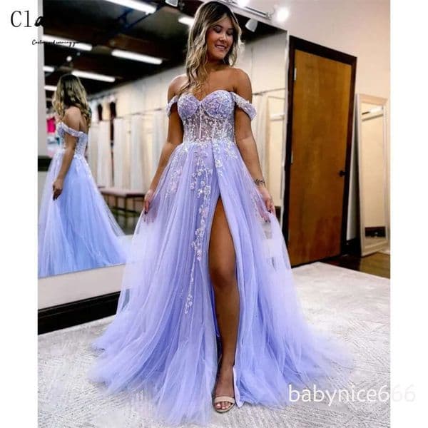 Elegant Blue Side Slits Evening Dresses Sexy Spaghetti Straps A-line Lace Appliques Formal Occasion Gowns Vestidos de fiesta F16