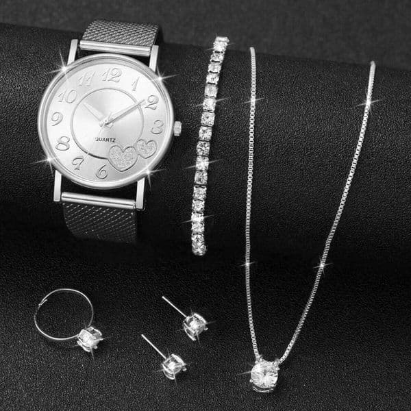 6PCS/Set Fashion Plastic Band Women Watches Heart Dial Quartz Watch Diamond Jewelry SetWithout Box