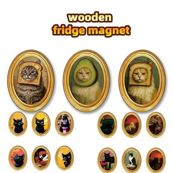 Cool Round Wooden Animal Poster Photo Frame Refrigerator Sticker Cat Cow Refrigerator Sticker 3D Magnetic Refrigerator Sticker S26319