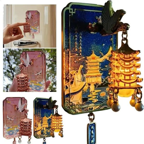 LED Fridge Magnet Chinese Style Light Up Metal Souvenir of Yellow Crane Tower with Cherry Blossom Unique Artistic Gift 260317