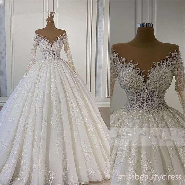 Bling A Line Wedding Dresses Bridal Gowns Lace Jewel Neck Long Sleeves Illusion Crystal Beading Floor Length Vestidos De Novia Plus Size 403 ZD10
