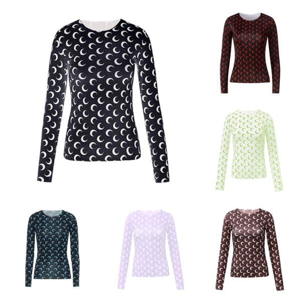 Women's Designer Moon Pattern T-shirt American Retro Layered Outfit Long Sleeve Tees Versatile Fashion Sexy Y2k Moon Print Patchwork T-shirt