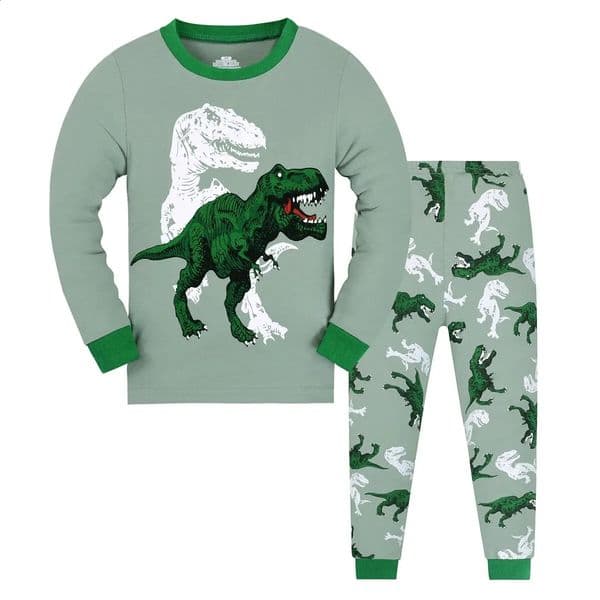 Kids Pajamas T-rex Dinosaur Pattern Long Sleeve Top Pants Set Comfy Casual Pj Set Boys Loungewear 260318