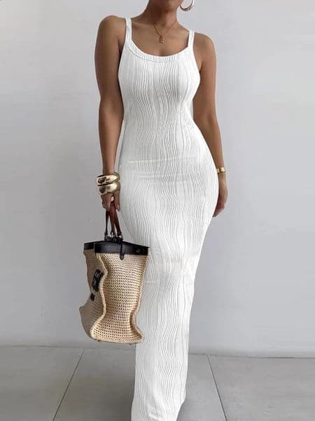Long White Dress Women Streetwear Summer 2025 Tight Fitting Dresses with Sleeveless Pullover Solid VNeck Temperament Skirt 260320