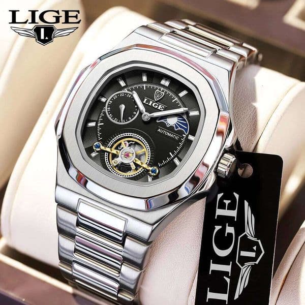 LIGE Dual Seconds Tourbillon 24 Hour Mechanical Men Stainless Steel Authentic Night Glow Waterproof Mens Watch