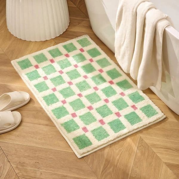 VIKAMA Green Plaid Carpet Bathroom Non-Slip Absorptive-Door Mat Living Room Bedroom Comfortable Foot Mat Home Decoration 260319