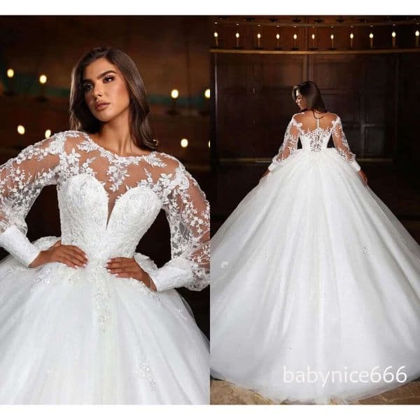 Vintage Long Sleeve A Line Wedding Dresses Arabic Dubai Sheer Jewel Neck Appliques Beads Ruched Ball Gown Bridal Gowns Robes de mariage Plus Size BC18607
