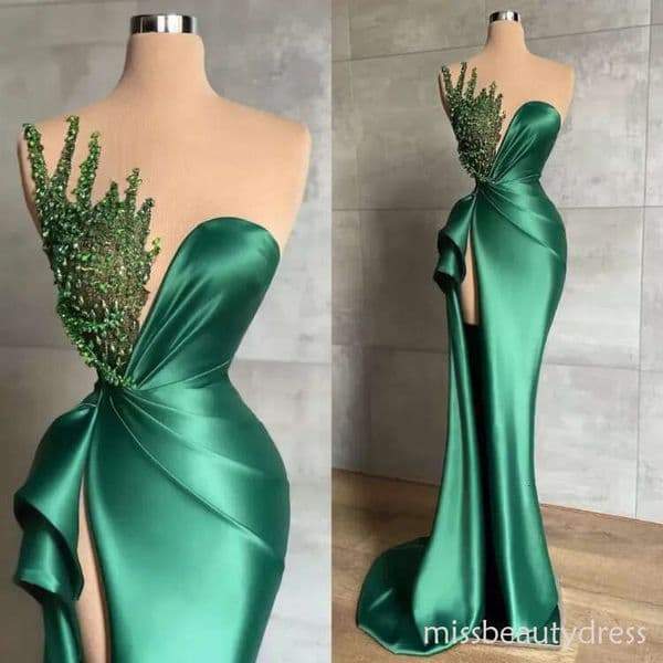 New Year Hunter Green Mermaid Evening Dresses For African Women Long Sexy Side High Split Shiny Beads Sleeveless Formal Illusion Prom Party Gowns ZD10
