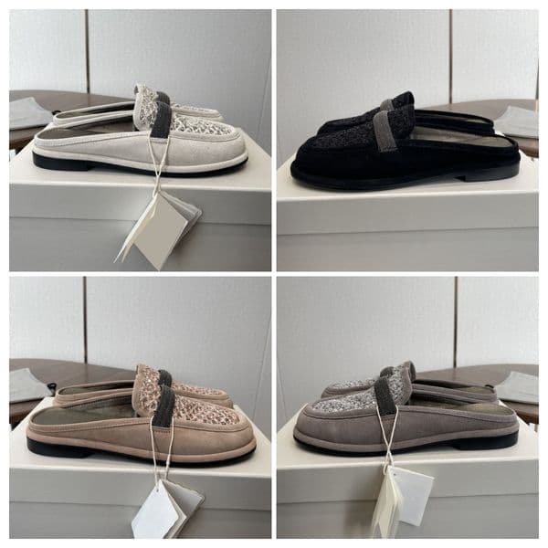 Cucinelli designer leather solid color sequins wear-resistant retro versatile round toe fashionable women's toe shoes slippers black gray light brown