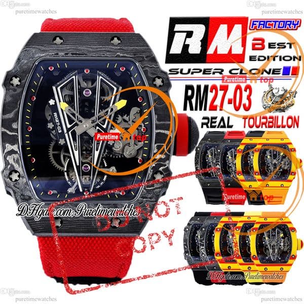 27-03 NTPT Real Toubillon Hand Winding Mens Watch Rafael Nadal RMF Black Carbon Case Skeleton Dial Red Nylon Strap Puretimewatches CHS Reloj Hombre Montr A09