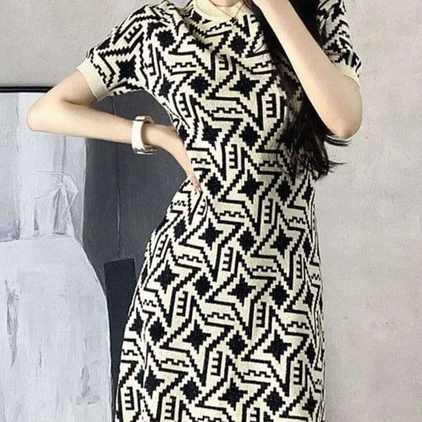 Vintage Jacquard Knitted Sweater Mini Dress Women's Summer Elegant Fashion Casual Short Sleeve Sweet Chic Slim Dresses Clothing