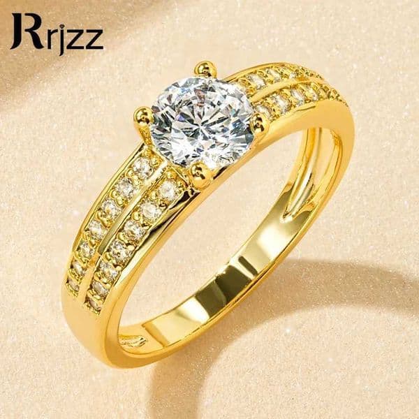 Rrjzz Brilliant 6mm Round CZ Simulated Diamond Wedding Ring 14K Gold-Plated Luxury Engagement Rings for Women Elegant Jewelry H260320