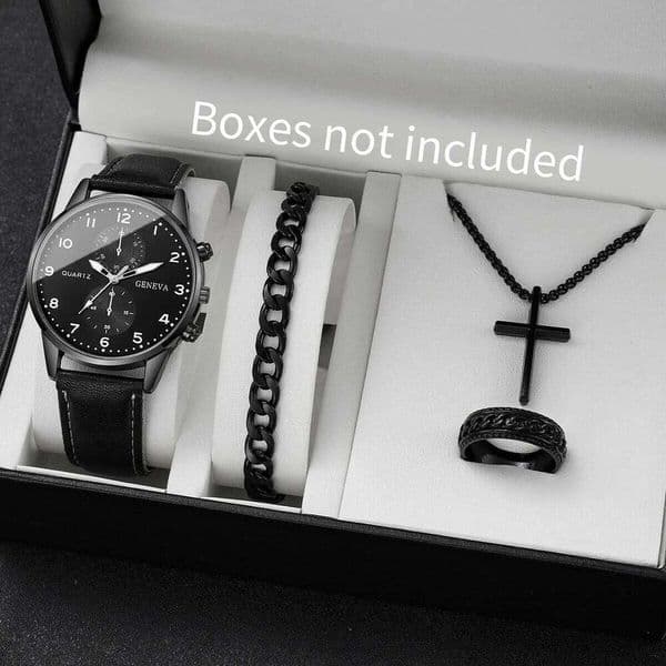 4PCS/Set Fashion Business Watches Casual Leather Band Analog Quartz Watch for Men Clock Gift Jewelry SetWithout Box