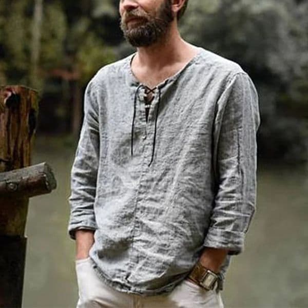 Mens Cotton Linen T shirt Male Solid Color V Neck bandage T shirts Casual Long Sleeves Linen tshirt Tops S4XL 260320