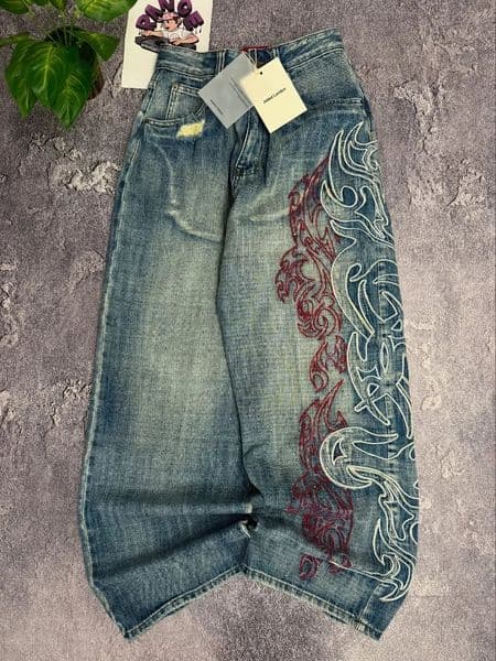 Y2K Embroidered Baggy Jean Rock Hip Hop Retro Casual High Waist Wide Leg Pants Streetwear Fashion Big Pattern 260318