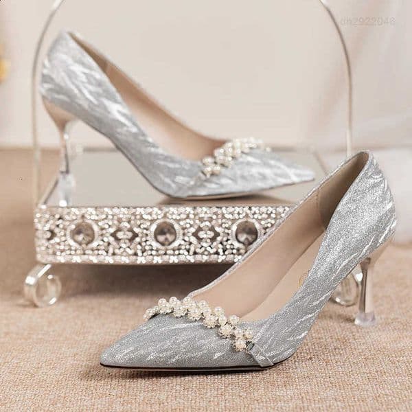 Shining High Heel Pump Womens Autumn Pearl Stiletto Shoes er Shoes Womens Pointed Toe Silver Party Shoes 241223 K260320