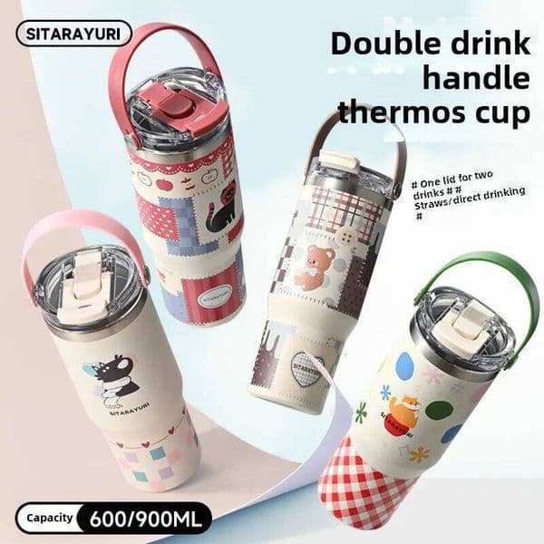 600/900ML 304 Stainless Steel Ice Water With Straw Vacuum Car Thermos Large Portable Double Drink Insulation Cup New 26H0320