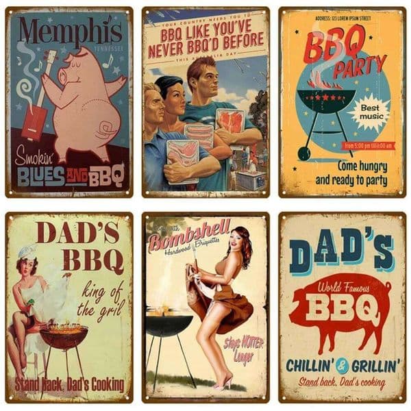 Retro BBQ Tin Sign Vintage Posters Metal Decor - Decorative Wall Plate for Kitchens, Patios & Barbecue Themed Spaces 26Y0320